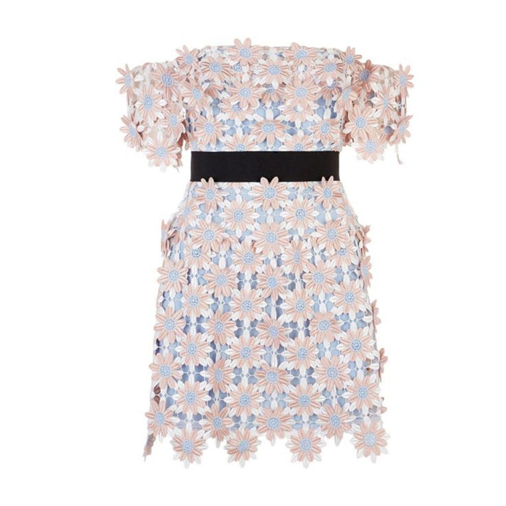 SELF-PORTRAIT Pink 3D Off-Shoulder Lace Mini